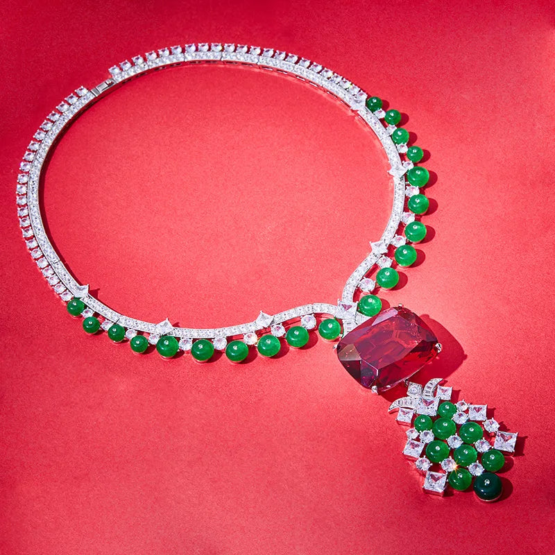 Luxury Red Ruby & Green Zirconia Tassel Pendant Long Necklace & Earrings Vintage Middle Eastern Bridal Set — Rhodium Plated
