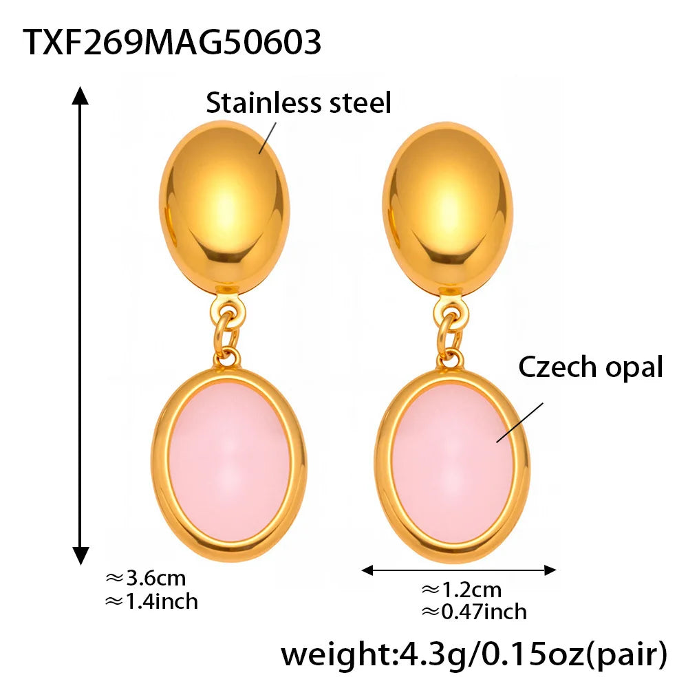 Natural Oval Opal Necklace, Bracelet & Earrings Jewellery Set | Bohemian Gold Plated Stainless Steel Set