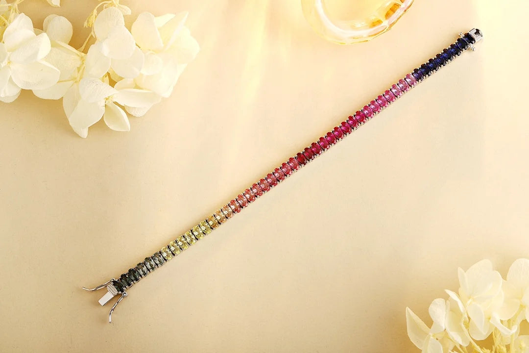 Gemfiori Anster Factory Price Trendy Oval Tennis Bracelet S925 Silver Hand Chain with Colored Sapphire Gemstones