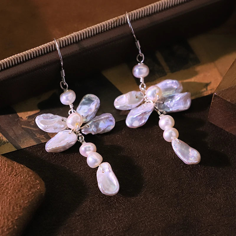 Natural Freshwater Pearl Baroque Dragonfly Earrings Handmade Creative Design High-Quality Earrings Gift for Wife Banquet GE1794