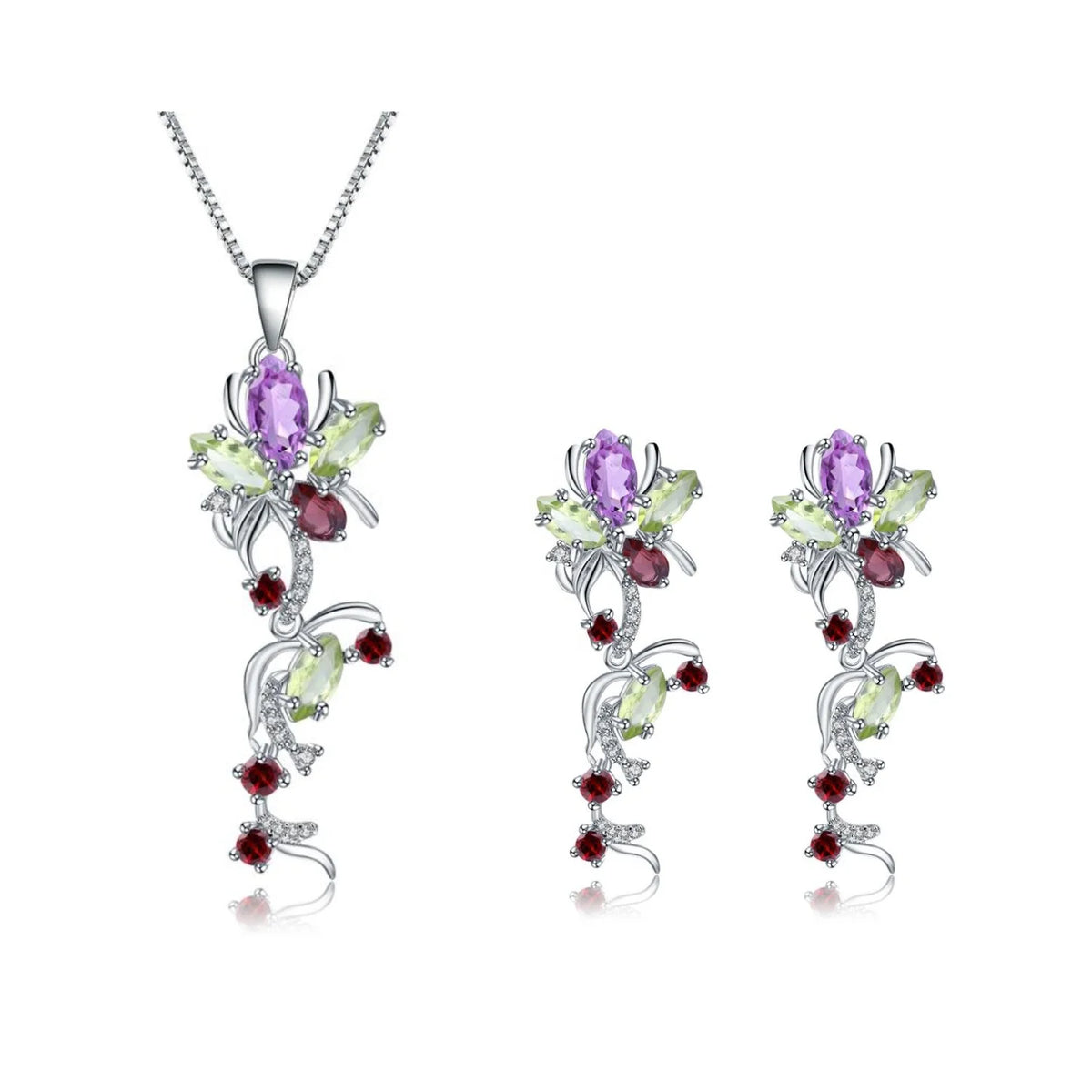 ArtistA K569 Abiding Customized Multi-Gemstone Natural Peridot Garnet Amethyst 925 Silver Jewelry Sets for Women Evening Party