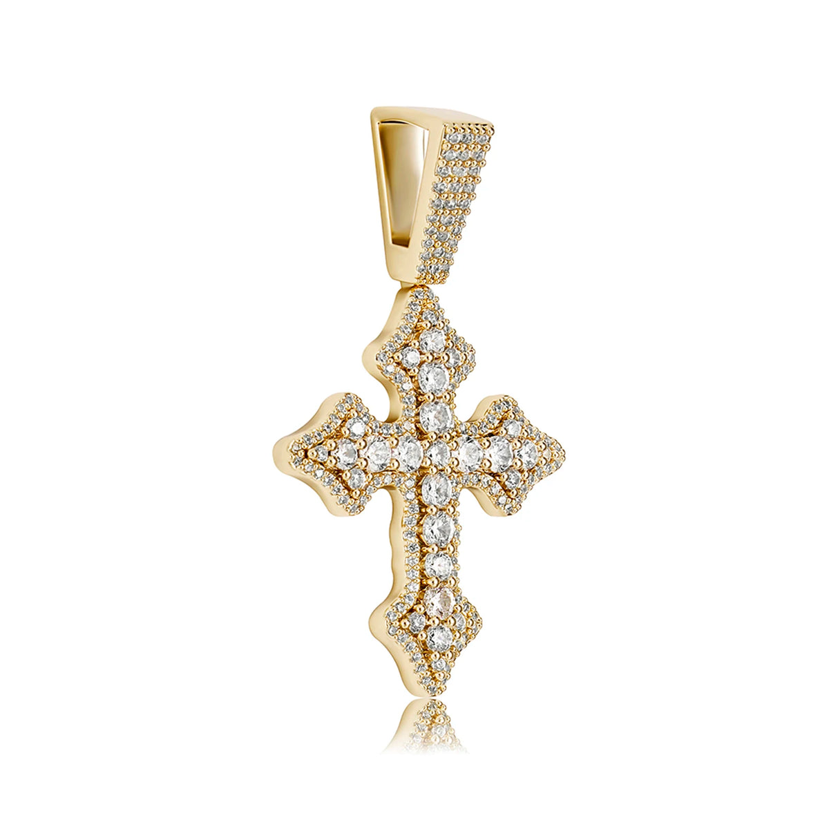 REBEL 14K Gold Plated Iced Out CZ Cross Pendant Rope Chain Hip Hop Cubic Zirconia Gothic Diamond Jesus Cross Necklace for Men Women