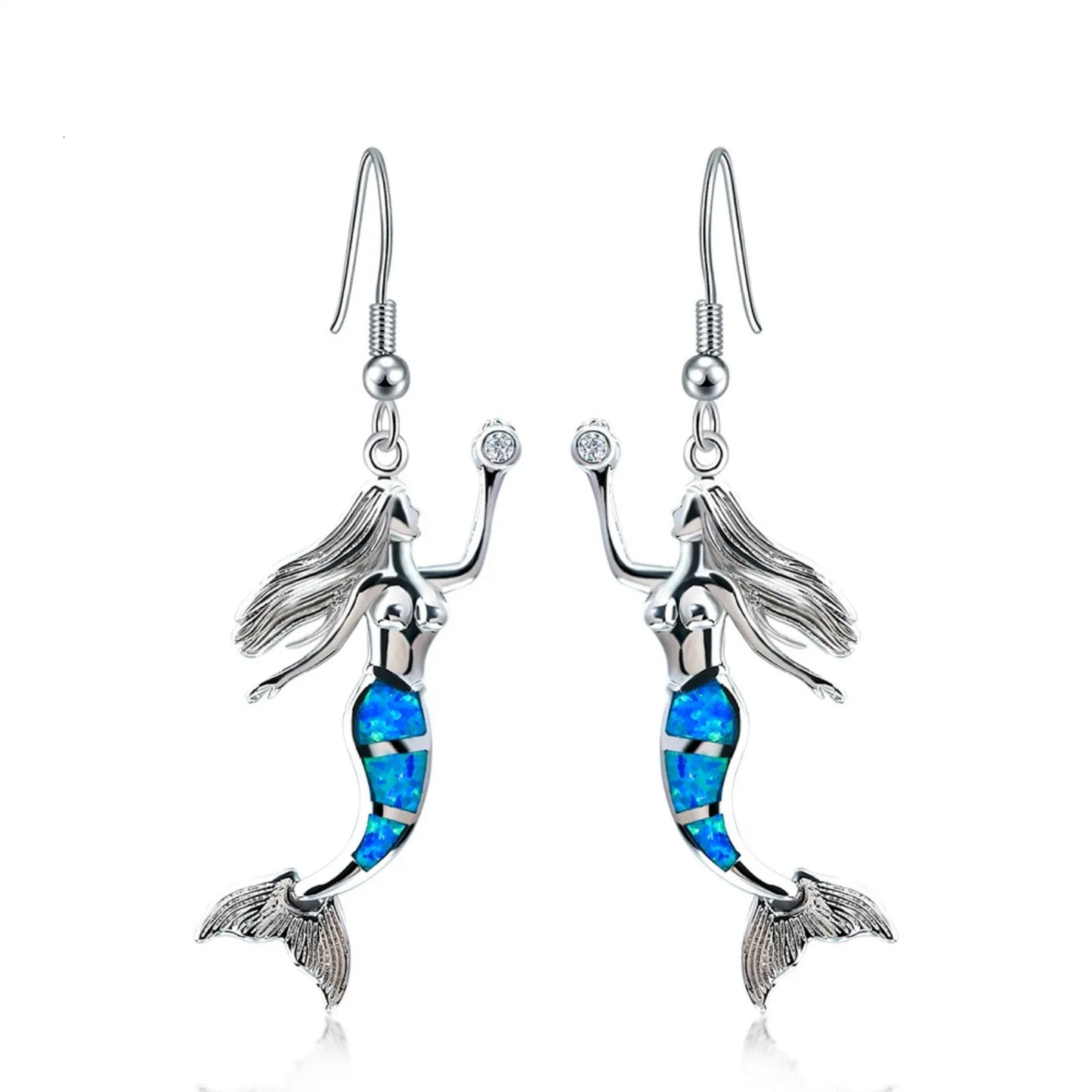 Enchanted Mermaid Opal Drop Earrings - Blue Fire Opal Tail & CZ Accent Design | Fairy-Tale Ocean Jewelry Bulk Gifts