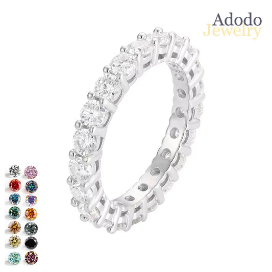 Adodo Minimalist 0.1CT Colored Moissanite Prong Set Rhodium Plated Eternity Band Rings 925 Sterling Silver Jewelry