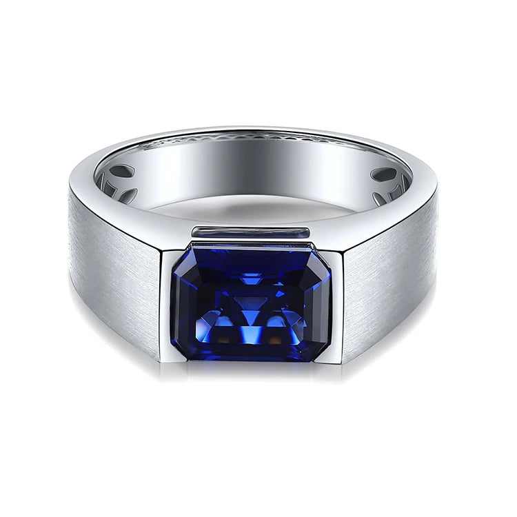 Gemfiori 925 Sterling Silver Man Ring 3.51ct Lab Grown Blue Sapphire Stone Emerald Cut Mens Ring