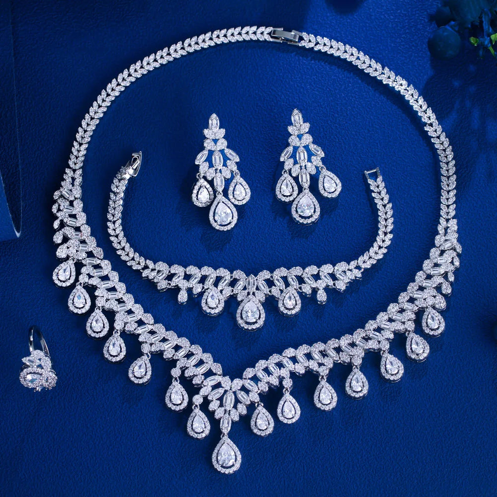 4pcs Cubic Zirconia Big Tassel Necklace Earrings Bracelet and Ring Luxury Wedding Bridal Jewelry Set for Women