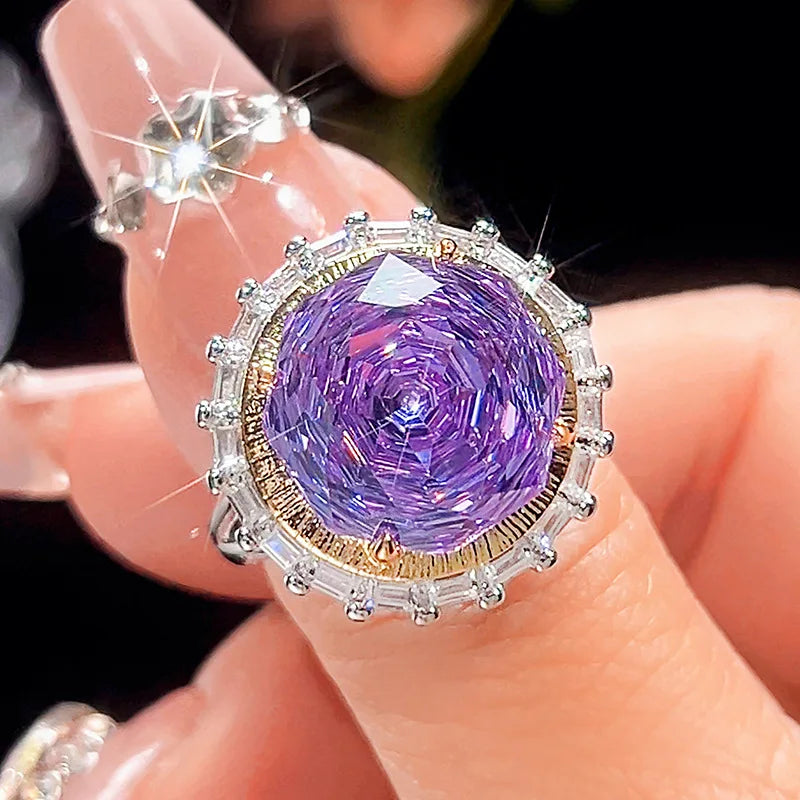 Gemfiori Luxury Round Violet Fashion Personality Atmosphere Pattern Flower Feminine Elegance Purple Zircon Jewelry Set