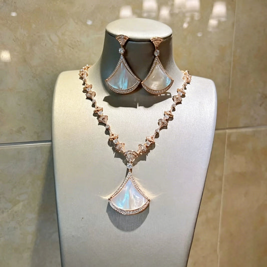 XM S411 Rose Gold Plated Fan Shape White Shell & Marquise Cut Zircon Pendant Necklace & Drop Earrings Set