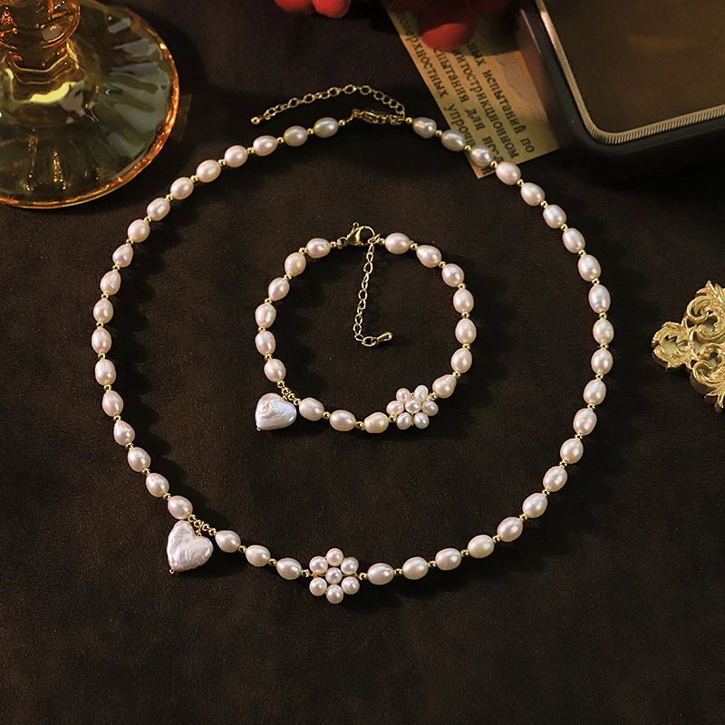 GLSEEVO Natural Freshwater Pearl Heart Flower Jewelry Set for Wedding Bridal White Pearl Necklace Bracelet Set Fashion Jewelry