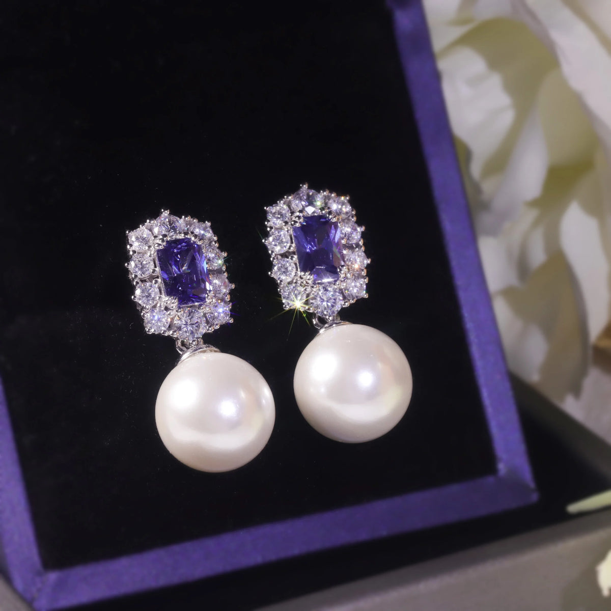 ArtistA AE250 Abiding Luxury Tanzanite Blue Cubic Zirconia Cz Halo & Round 12MM Imitation Pearl S925 Silver Elegant Drop Stud Earrings