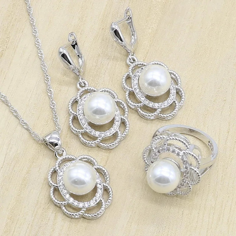 XOTICA 925 Silver Bridal Jewelry Set for Women Pearl Necklace Earrings Rings Pendant-Wedding or Party Gift