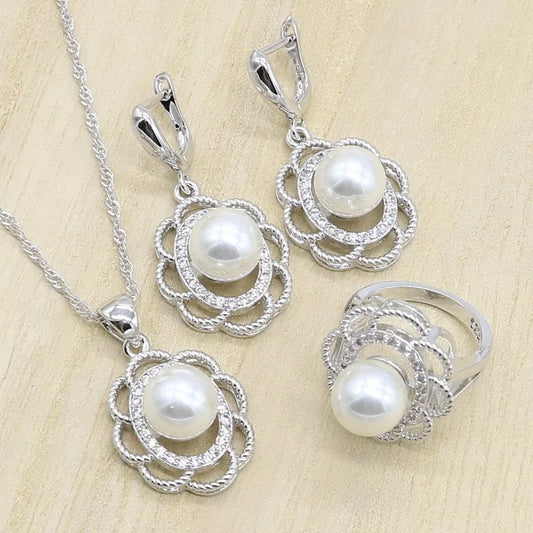 925 Silver Bridal Jewelry Set for Women Pearl Necklace Earrings Rings Pendant-Wedding or Party Gift