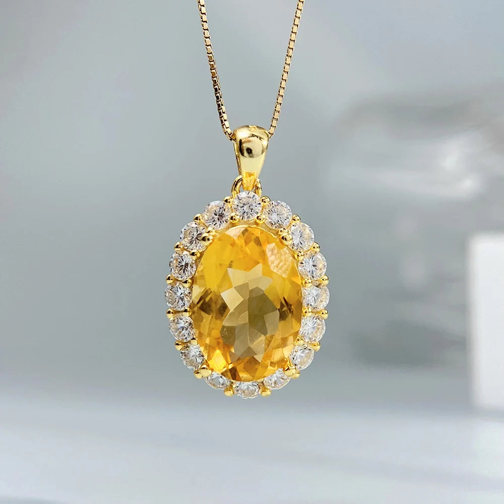 Gioiellieri 925 Sterling Silver Natural Citrine Pendant November Birthstone Yellow Gemstone Oval Cut Solitaire Necklace Chain Engagement