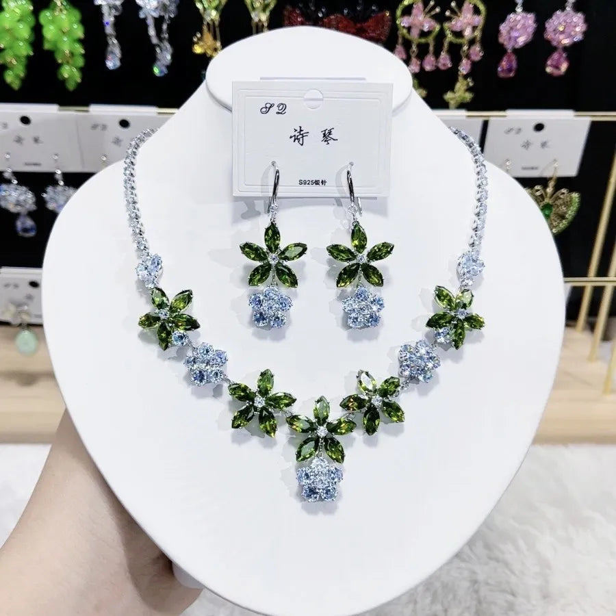 K077 High End Women Exquisite Luxurious Pink Flower Zircon Bridal Necklace Earrings Set Wedding Elegant Jewelry Set