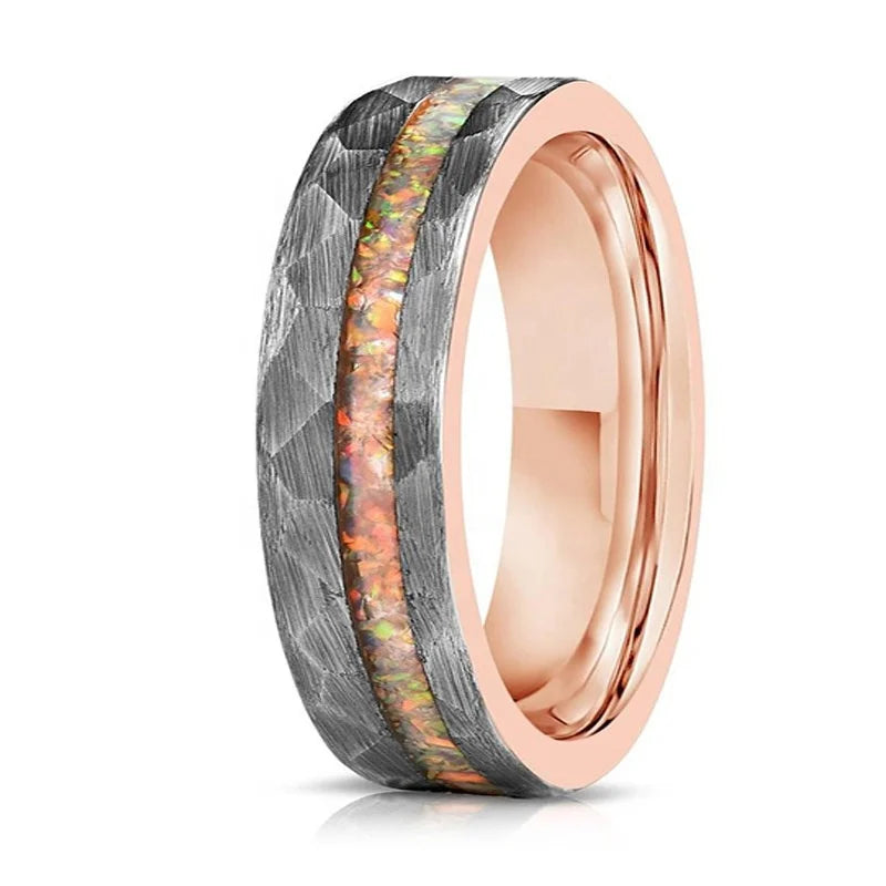 OAHLAN 6mm Fashion Jewelry Hammered Tungsten Carbide Ring Crushed Opal Inlay Rose Gold Plated Women Men Engagement Wedding Band