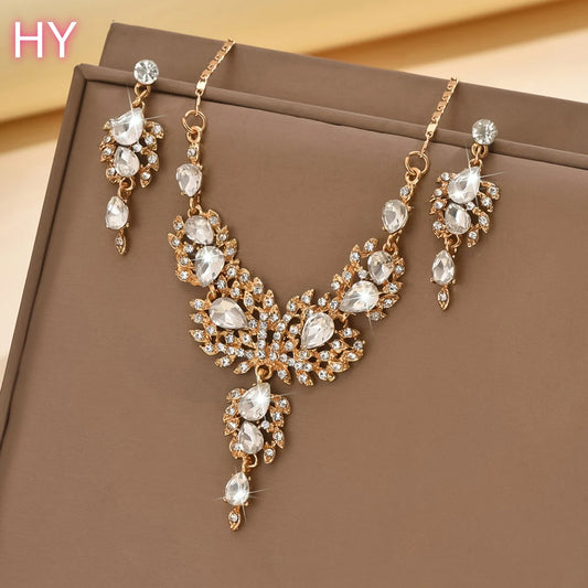 HY Fashionable Women's Vintage Bridal Jewelry Set Gold Alloy Pendant Multi-Color Crystal Water Diamond Necklace Earrings for