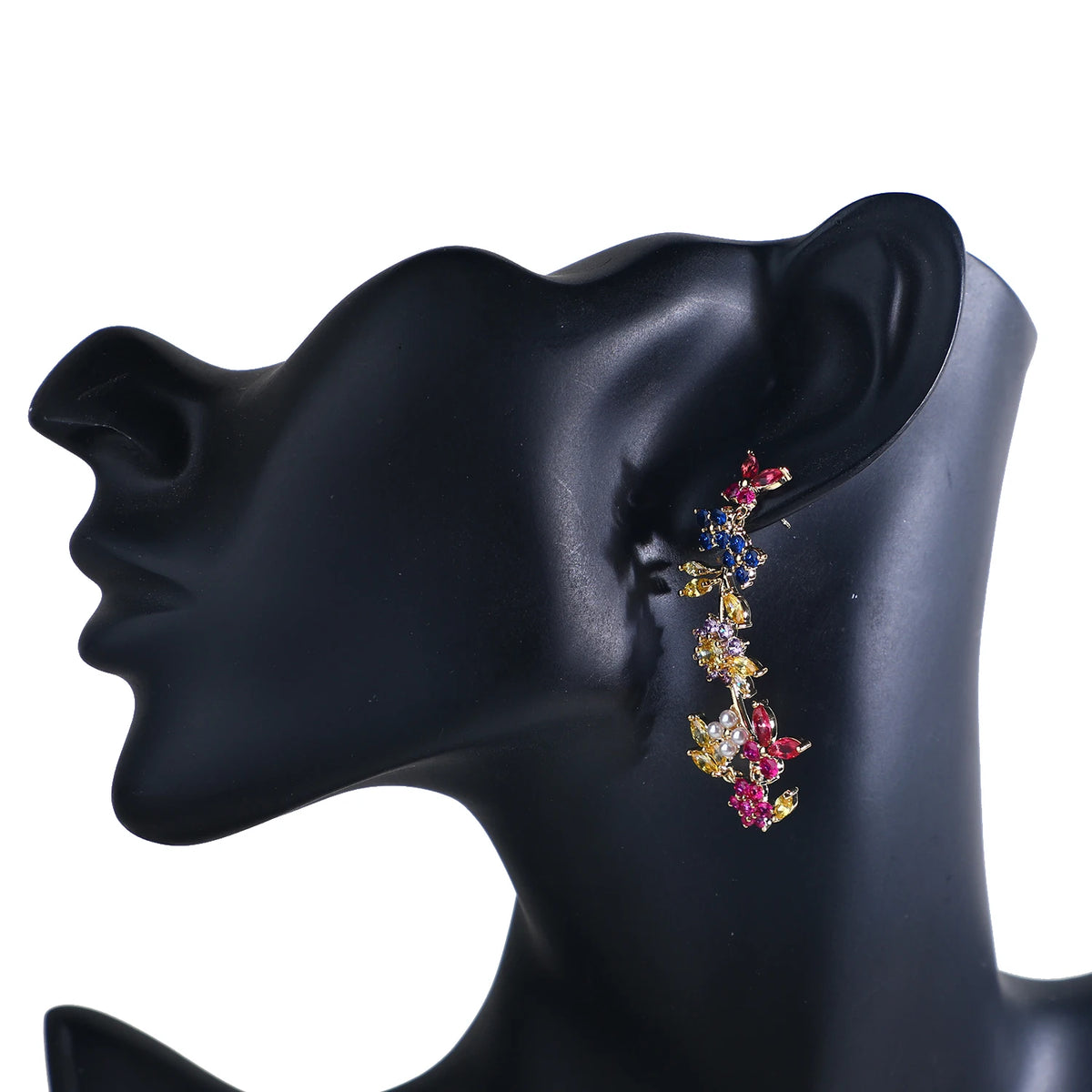 Luxury Women's Multicolor Zircon Flower Statement Earrings Unique Design Pendant Brass Jewelry for Parties