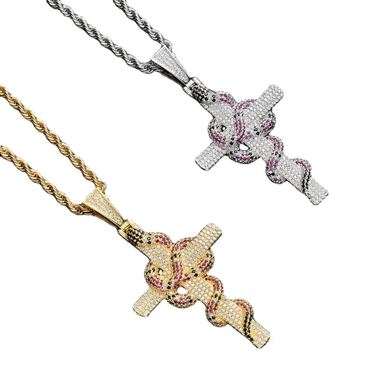 REBEL RQ Hip Hop Jewelry for Men Snake Cross 14K Gold Iced Out Cross Coral Snake Gemstone Shiny Iced Out Cross Pendant