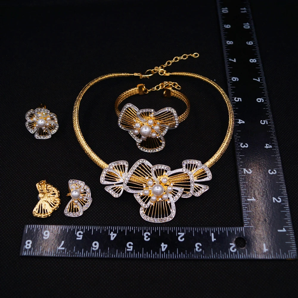 Zhuerrui  Women's Luxury Gold Plated Flower Jewelry Set Nigeria Cocktail Party Pearl Jewelry Sets Bridal Wedding Set X0004330