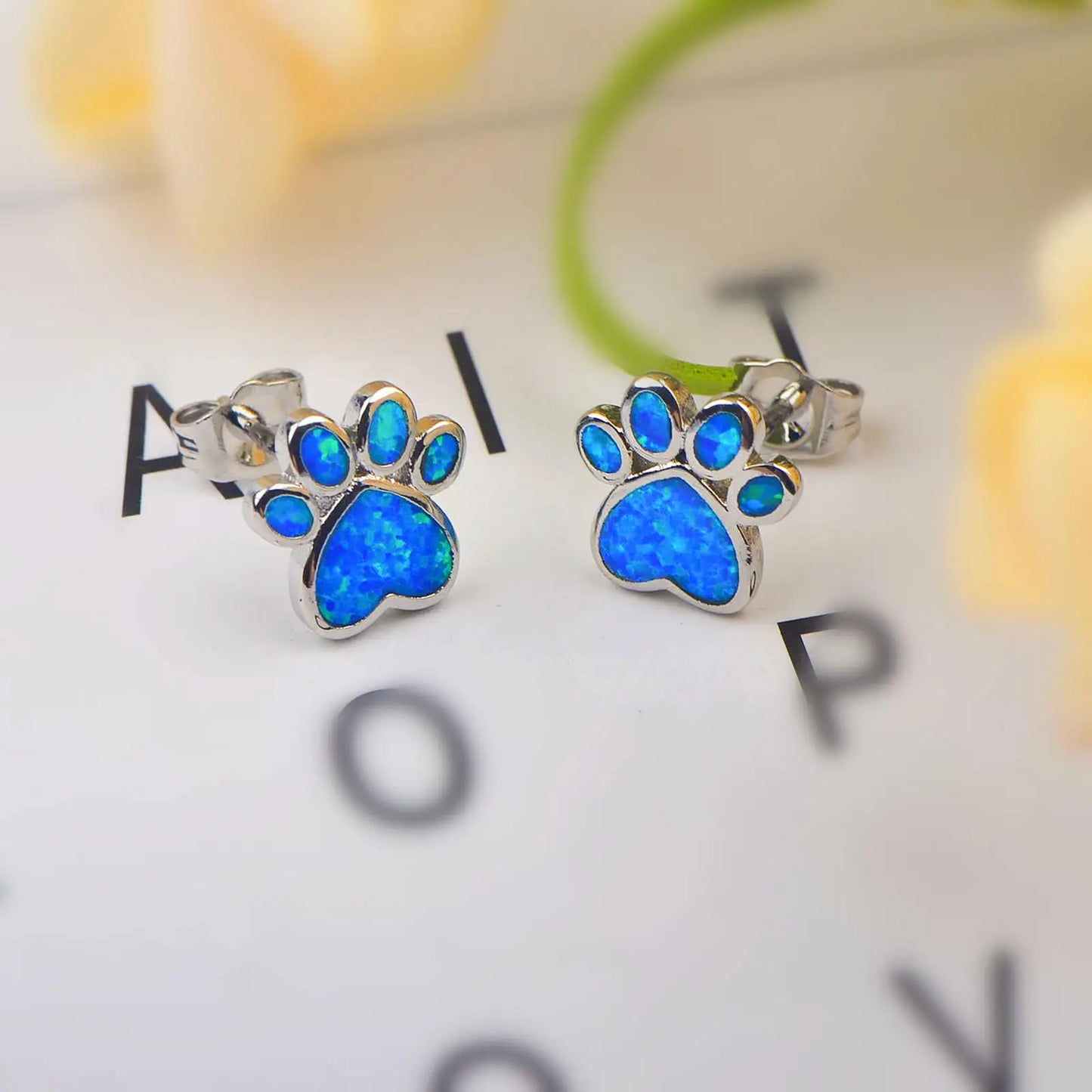 Whimsical Paw Print Opal Stud Earrings - Full Blue Fire Opal Inlaid Design | Pet-Lover Jewelry Bulk Gifts