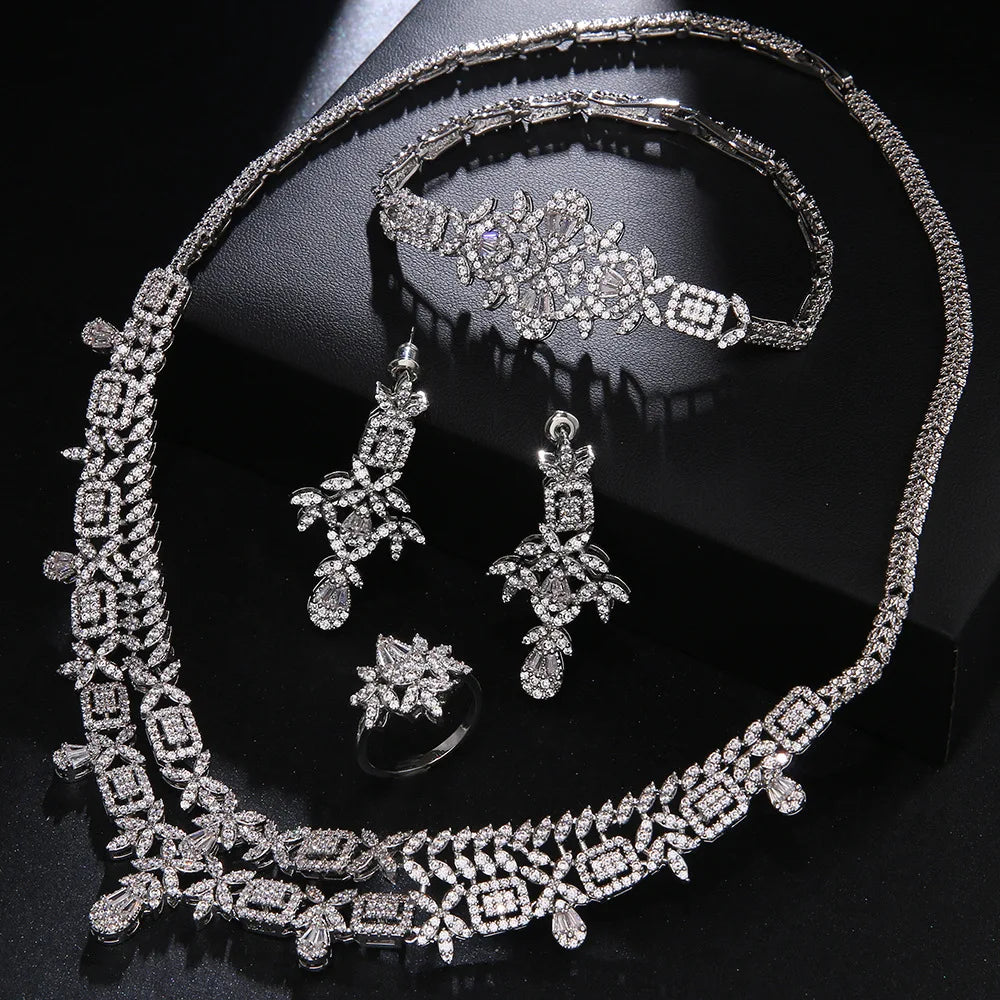 Luxury Full-Paved Round Brilliant Zirconia 4-Piece Nigerian & UAE Dubai Geometric Bridal Set — Rhodium Plated