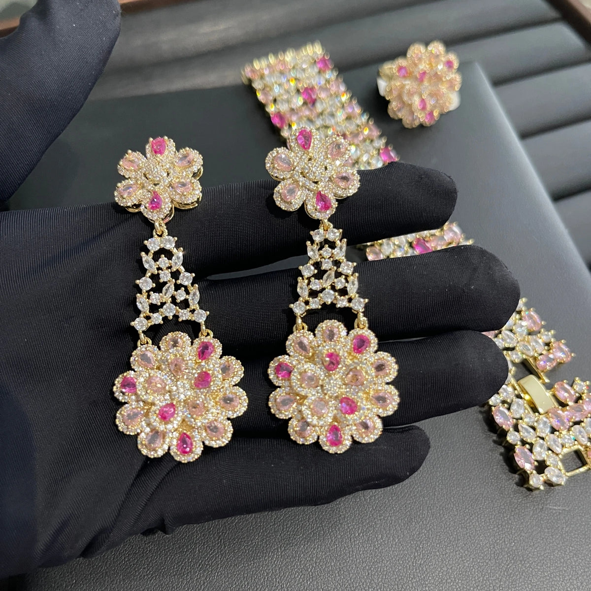 XOTICA TIANSHE Luxury Red Flower Jewelry 3Pcs Set Bracelet Earrings Ring Vintage Bridal Wedding Statement Jewelry For Women