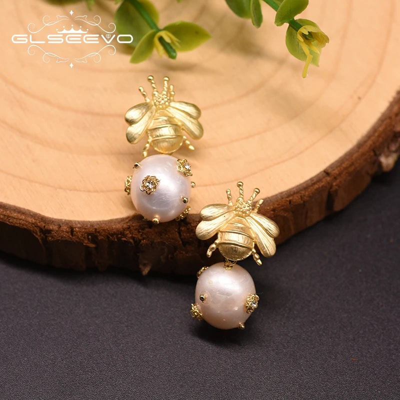 Natural Freshwater Big Pearl Drop Earrings for Women Wedding Engagement Bee Dangle Earrings Fine Jewelry