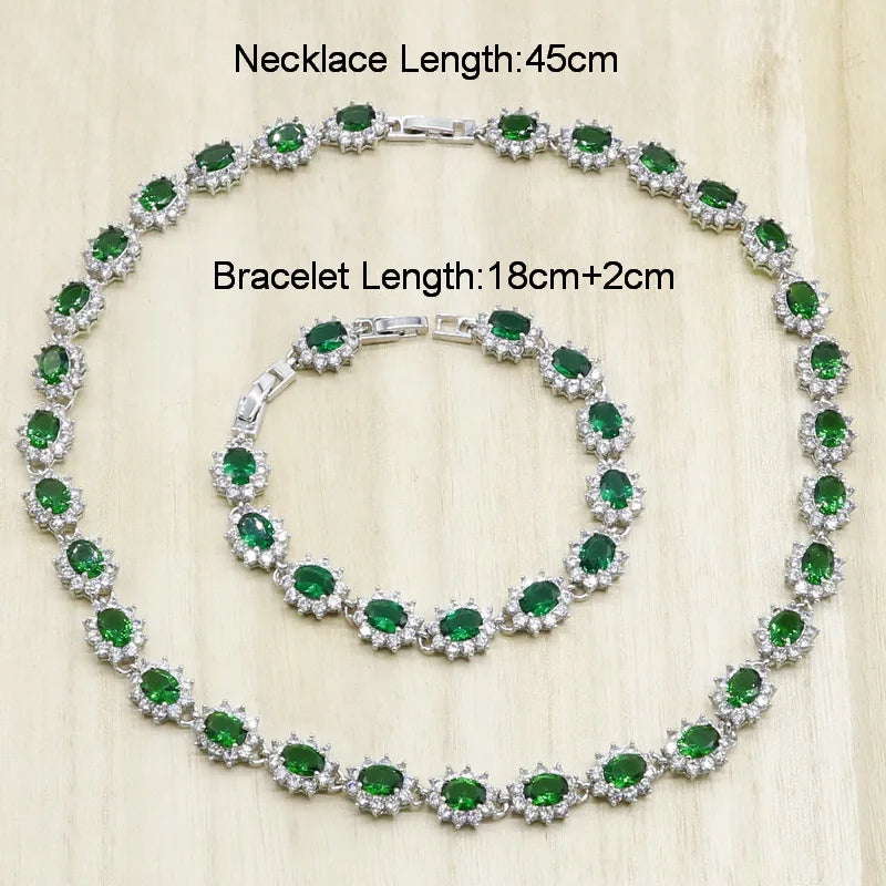 Green Blue Semi-precious Silver Jewelry Sets for Women Necklace Earrings Bracelet Wedding Bridal Jewelry