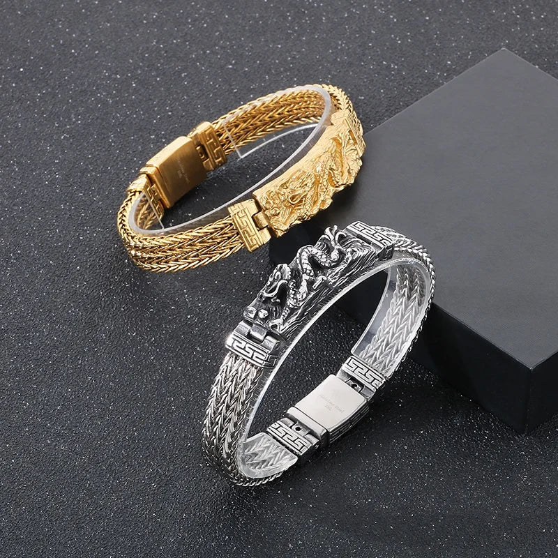 KALEN 22cm Punk Stainless Steel Bracelet Chinese Dragon Pattern Chain Men Bracelet
