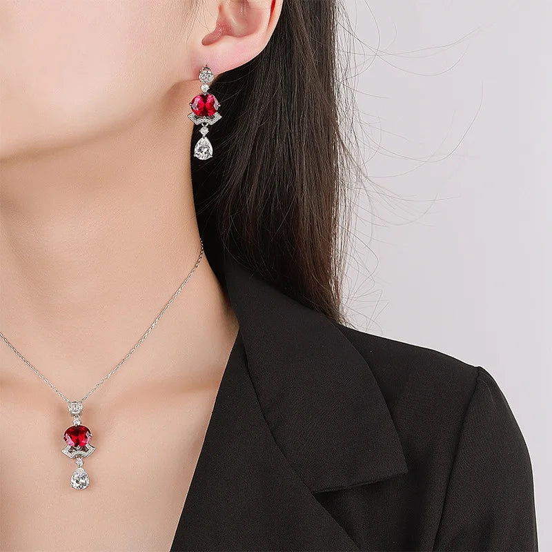 Gemfiori Micro Inlaid Zircon Earrings Long Blue Zircon Round Pendant Elegant Dress Water Droplet Earrings Jewelry Set