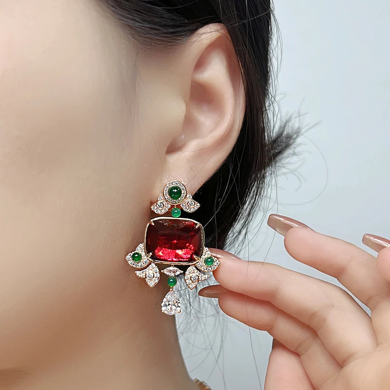 High Quality Rhodium Plated Jewelry Gifts Ruby Green Agate Women's Evening Dress Necklace Earrings Headdress Set