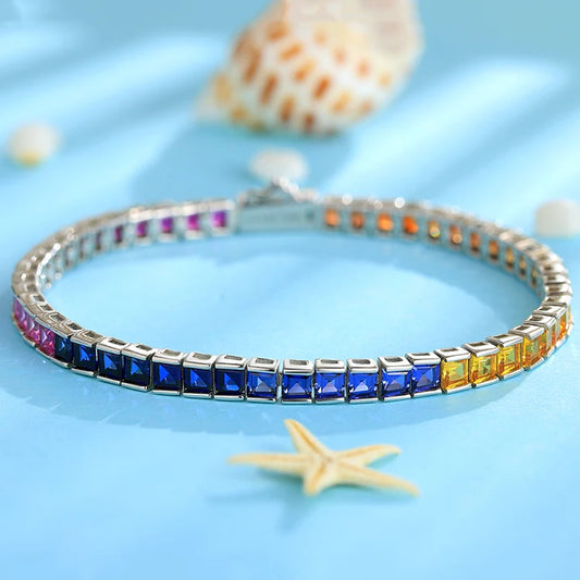 Gemfiori New Coming Real 925 Sterling Silver Charm Rainbow Tennis Bracelet for Women