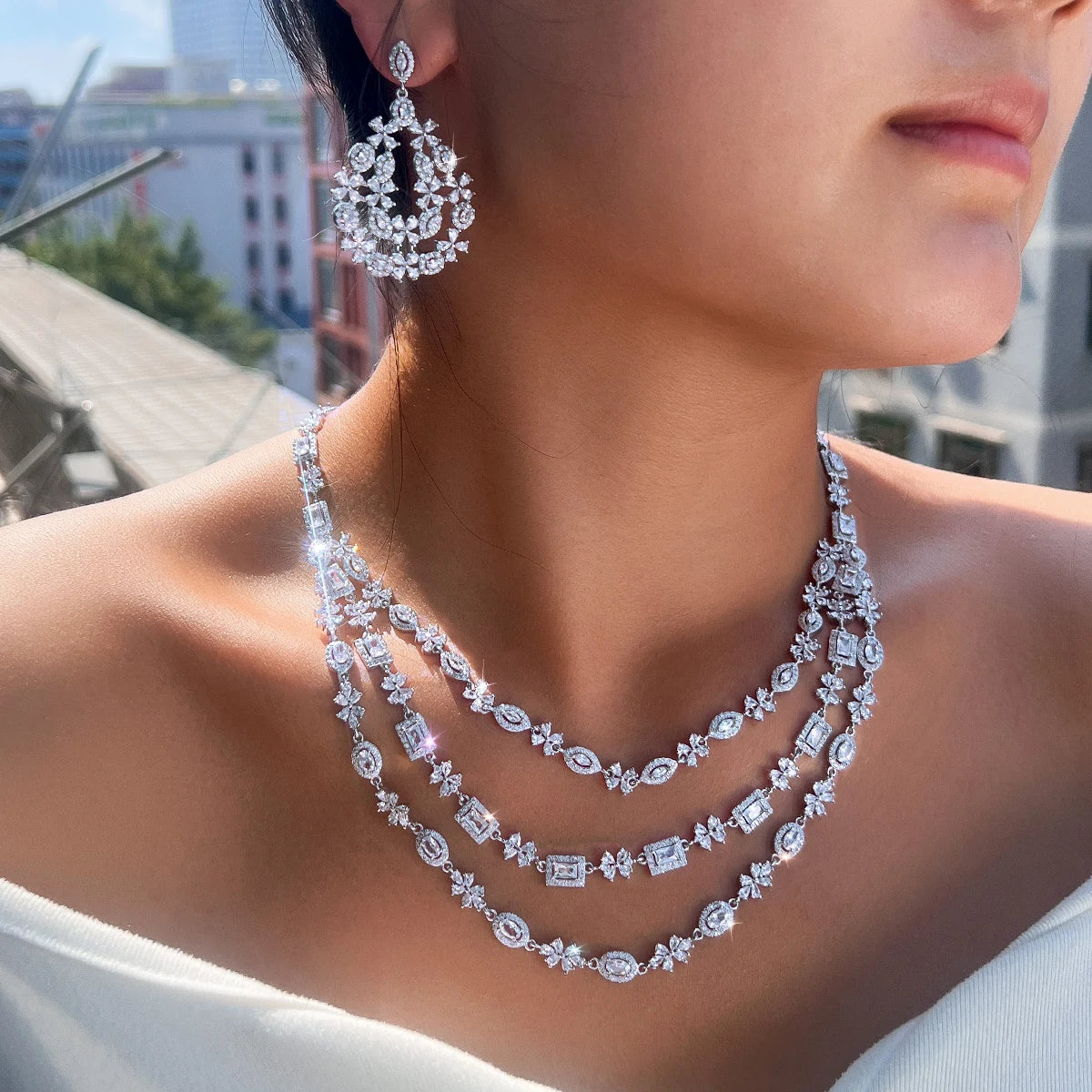 Shiny Cubic Zircon Dubai 3 Layered Wedding Necklace and Earrings Bridal Big Jewelry Sets for Women Luxury Jewellery