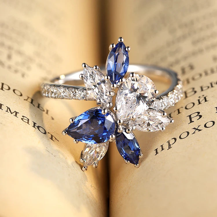 Gemfiori Miss Jewelry New Design 18k Gold Pear Cut CZ Sapphire Stone Promise Diamond Engagement Ring for Women