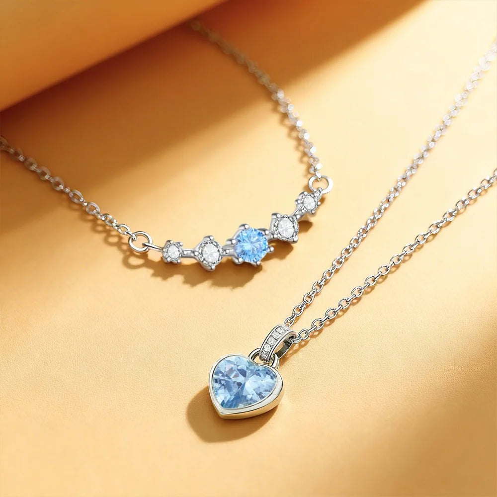 S925 Sterling Silver Double Layer Necklace Set Blue Moissanite Heart Pendant Necklace Trendy Clavicle Chain Jewelry for Women