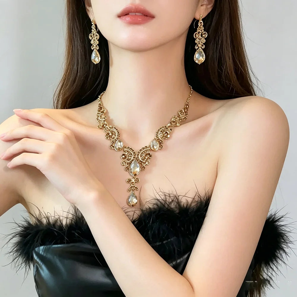 XM S364 Gold Plated Princess Cut Champagne Zircon Floral Statement Necklace & Drop Earrings Bridal Set