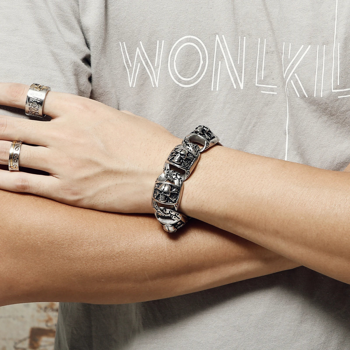 VIKING Mens Punk Skeleton Chunky Cuban Chain Link Bracelet – Silver Stainless Steel