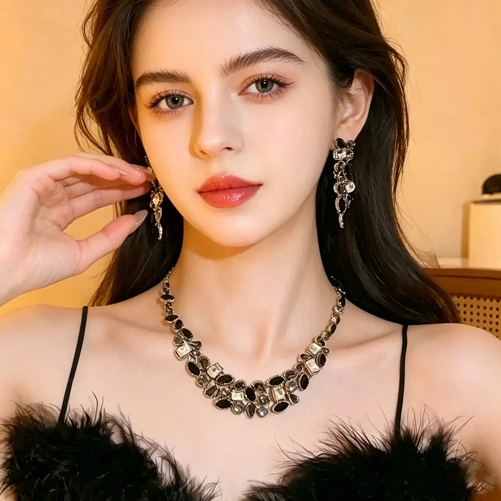 XM S382 Silver Plated Black Zircon Floral Marquise Necklace & Drop Earrings Bridal Set
