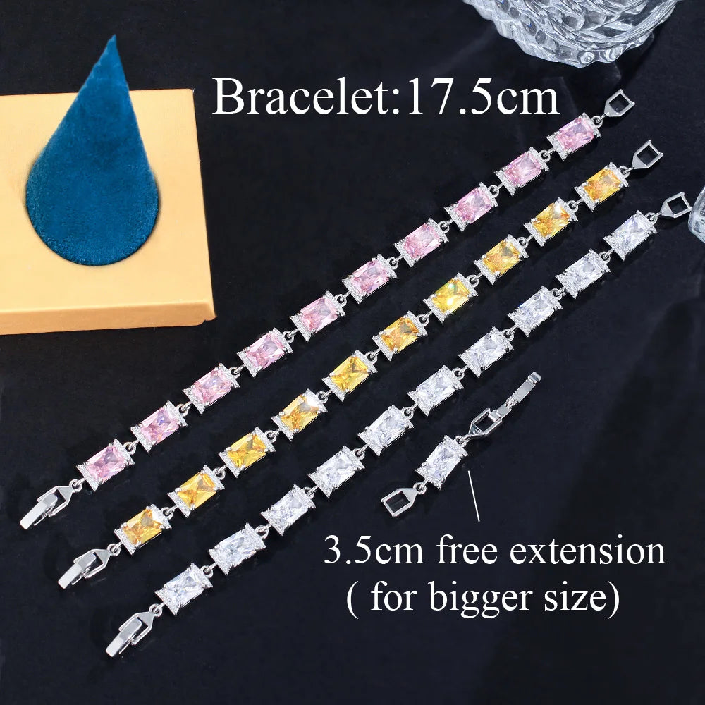 Gemfiori Glamorous Jewelry Gold Plated Rectangle Light Green Cubic Zirconia Anniversary Wedding Party Chain Link Bracelets for Women Man