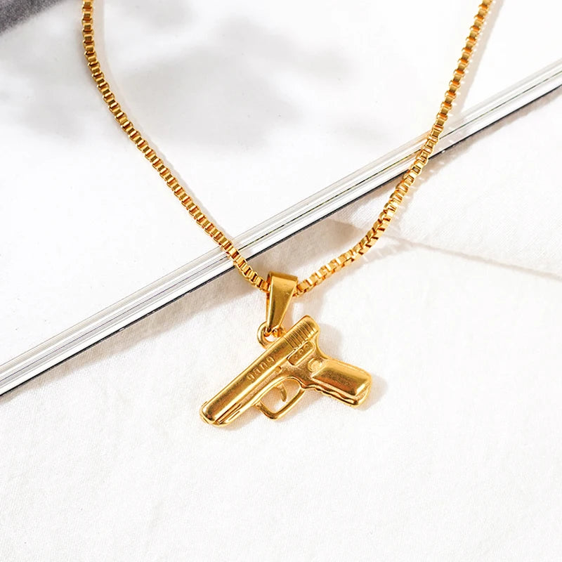 BiG-BOSS Fashion Hip Hop Punk Jewelry 18k Gold Plated Stainless Steel Men Pistol Charm Link Chain Gun Pendant Necklace for Party