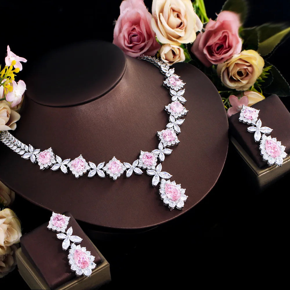 Luxury Pear-Cut Zirconia Water Drop Floral Necklace & Earrings Bridal Set — Rhodium Plated