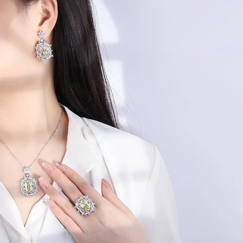 Gemfiori Fashionable Temperament Yellow Zircon Necklace Simple and Versatile Princess Candy Earrings Open Ring Set