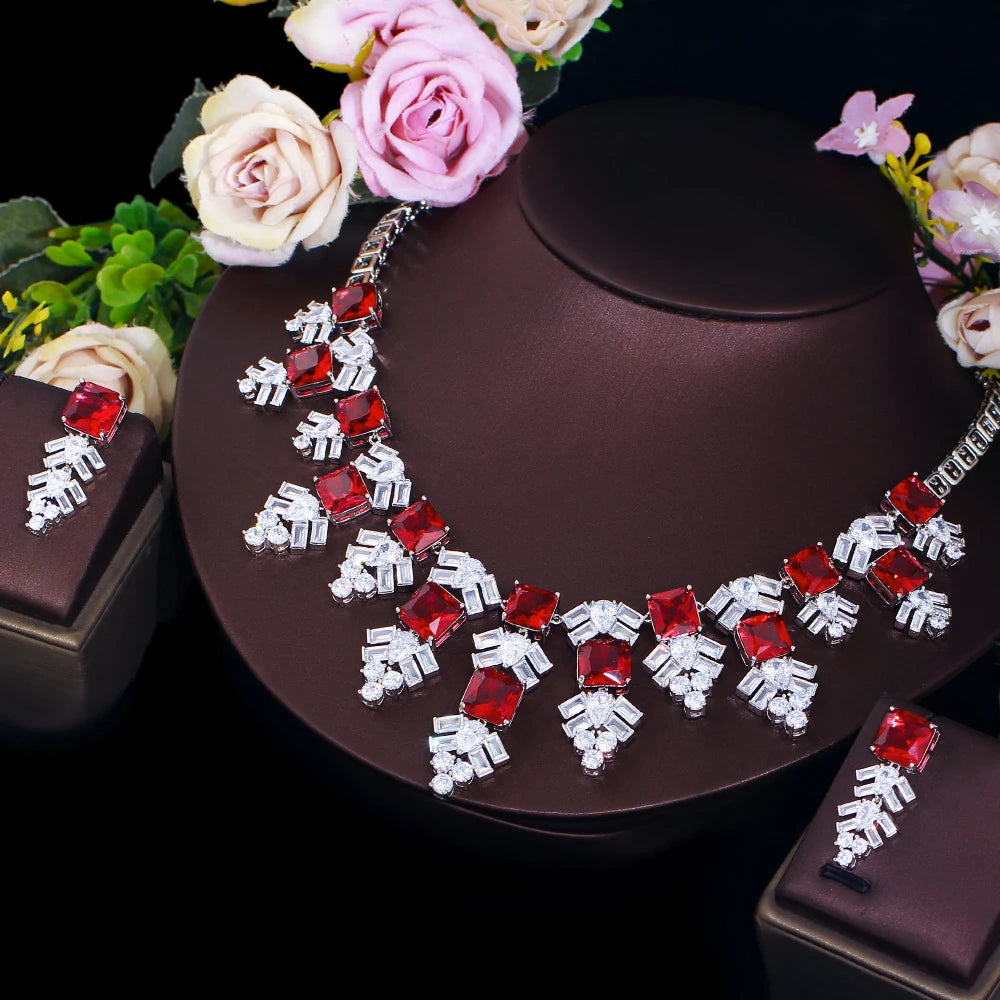 Luxury Exaggerated Women Necklace and Earring Cubic Zircon Elegant Royal Red CZ Jewelry Set for Lady Evening Party