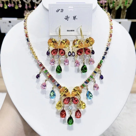 K088 High Quality Women Luxurious Tassel Zircon Butterfly Bridal Necklace Earrings Set Wedding Elegant Jewelry Set