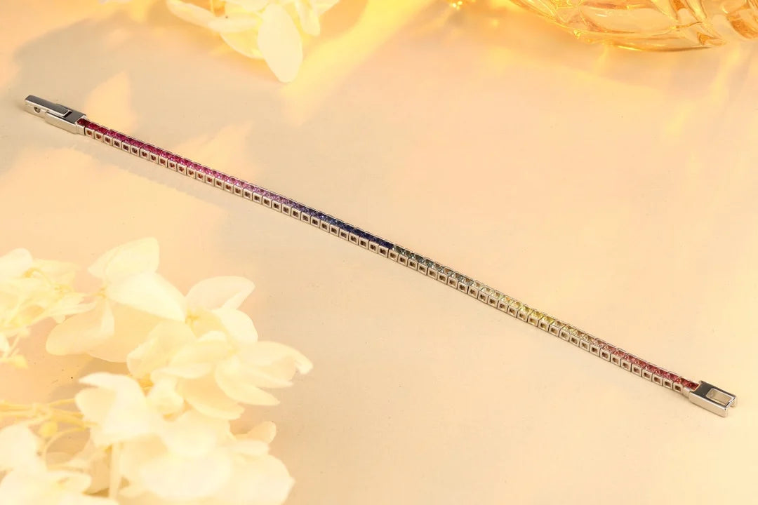 ArtistA High Quality 925 Sterling Silver Tennis Chain Multicolored Gemstones Bracelet Rainbow Lab Grown Sapphire Weddings Parties