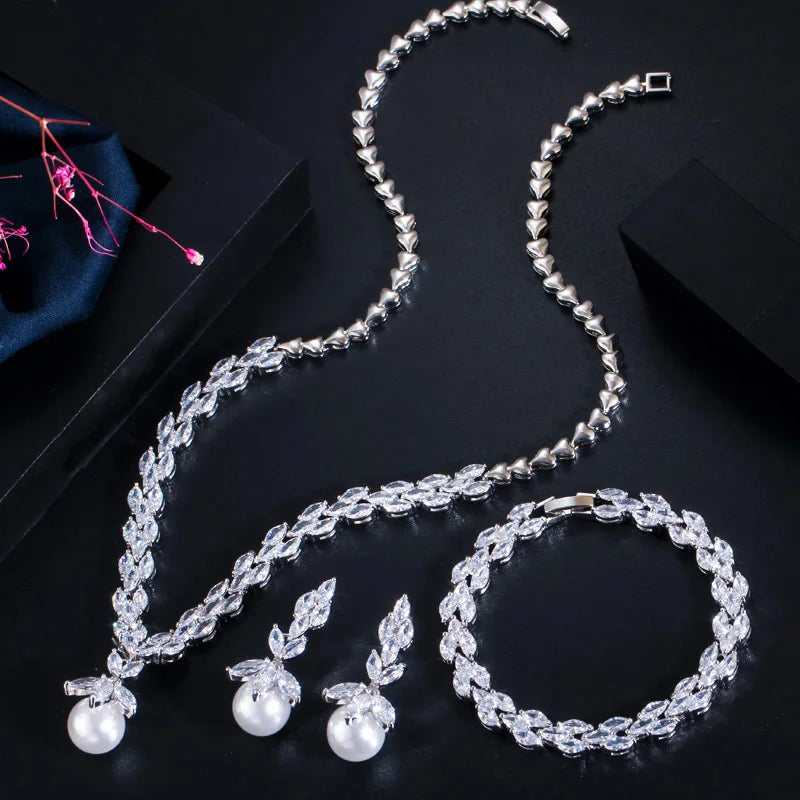 3pcs Silver Color Marquise Cut Cubic Zirconia Big Pearl Drop Earring Bracelet Necklace Jewelry Sets Ladies Bridal Wedding Custom