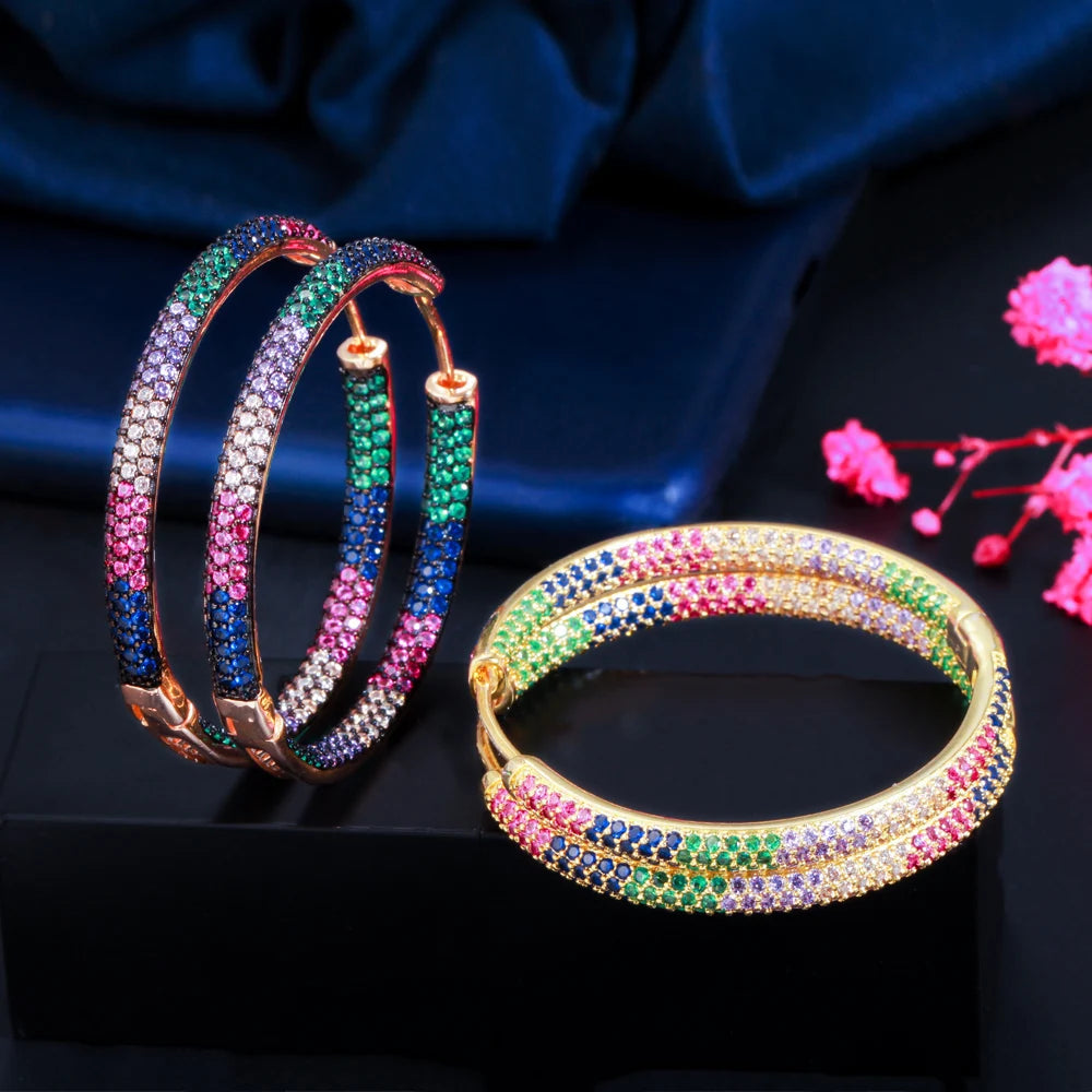 S&S Two-Tone Rainbow CZ Big Round Hoop Earrings – Black Gun & Gold Plated – Collection