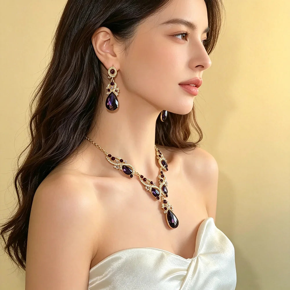 Luxury Princess-Cut Purple Zirconia Floral Teardrop Necklace & Drop Earrings Bridal Set — Gold Plated