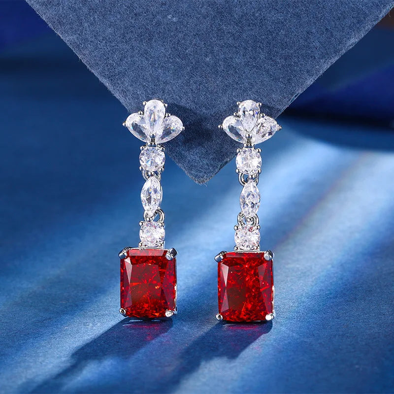 Gemfiori Light Luxury Super Sparkling Princess Long Earrings Korean Version Temperament Pendant Ring Set square Fashion Accessory