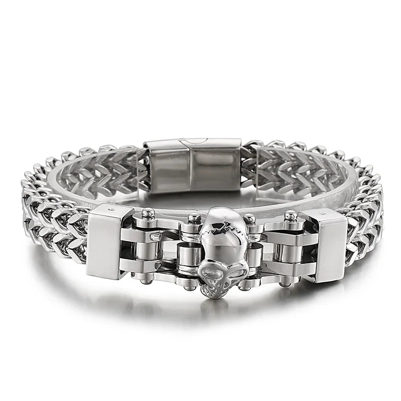 KALEN Punk Fine Jewelry Fashion Bracelets Men Stainless Steel Skull Berringbone Links Bracelet Bangle